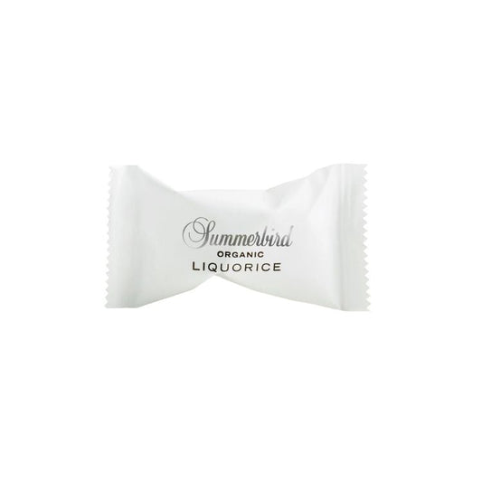 Enkeltindpakket Summerbird Organic Liquorice flowpack chokolade med lakrids til gaver og møder.